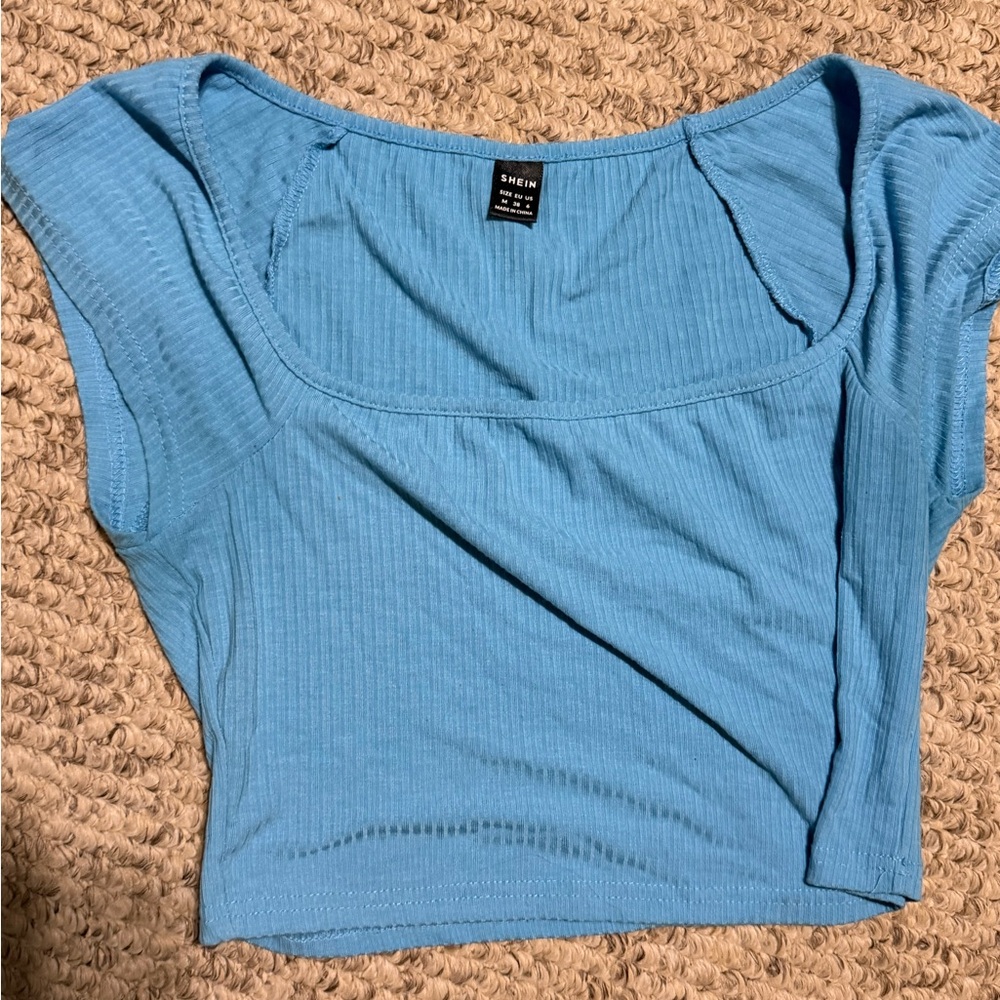SHEIN Sky Blue Ribbed Crop Top
